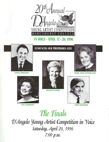 Program Page from D'Angelo Competition. Pictured are Carlo Bergonzi, Marilyn Horne, Dame Joan Sutherland, Gail Robinson and John Wustman